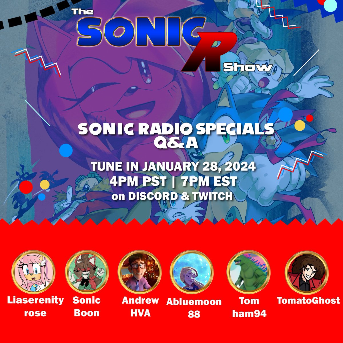Next Sunday on January 28, 2024, at 4 PM PT/7 PM ET join Sonic Boon & I, as we will be doing a q&a with @HvaAndrew, @abluemoon88, Tomham94 & @TomatoGhost about the Sonic Radio Specials in the @SonicRevolt Discord Server!