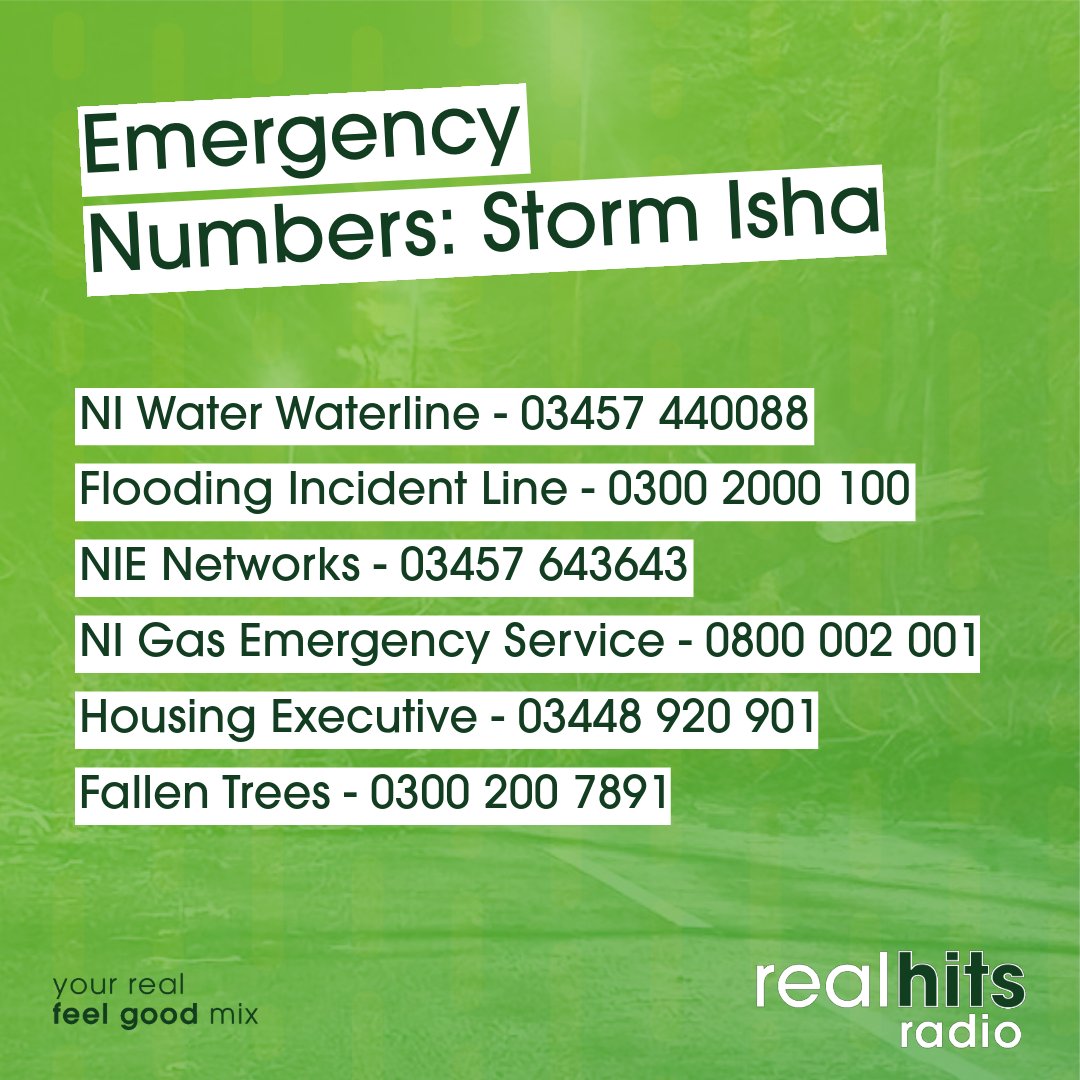 realhitsradio's tweet photo. ⚠️  𝗦𝗧𝗢𝗥𝗠 𝗨𝗣𝗗𝗔𝗧𝗘: 𝗘𝗠𝗘𝗥𝗚𝗘𝗡𝗖𝗬 𝗡𝗨𝗠𝗕𝗘𝗥𝗦

Useful emergency numbers if you need them during
#StormIsha. 

You can also follow our live updates here - https://t.co/4G46CZZINR https://t.co/LcKqHoZ1co