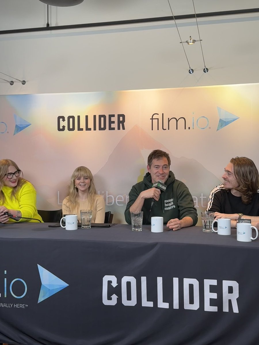 Collider's tweet photo. The team behind the new series Penelope came into our studio today at #Sundance. Mark Duplass, Mel Eslyn, Megan Stott, and Austin Abrams sit down to talk about their upcoming TV show! https://t.co/8AvNPYt3MX