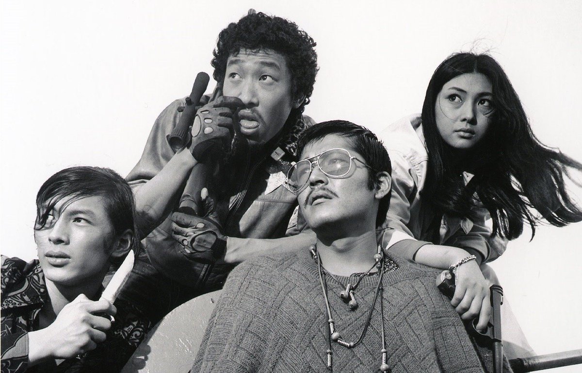 fymeikokaji's tweet photo. Meiko Kaji (梶芽衣子), Tatsuya Fuji (藤竜也), Soichiro Maeno (前野霜一郎) and Yusuke Natsu (夏夕介) in a press photo for Stray Cat Rock: Wild Jumbo (野良猫ロック　ワイルドジャンボ), 1970, directed by Toshiya Fujita (藤田敏八). https://t.co/Up3TZdbljS