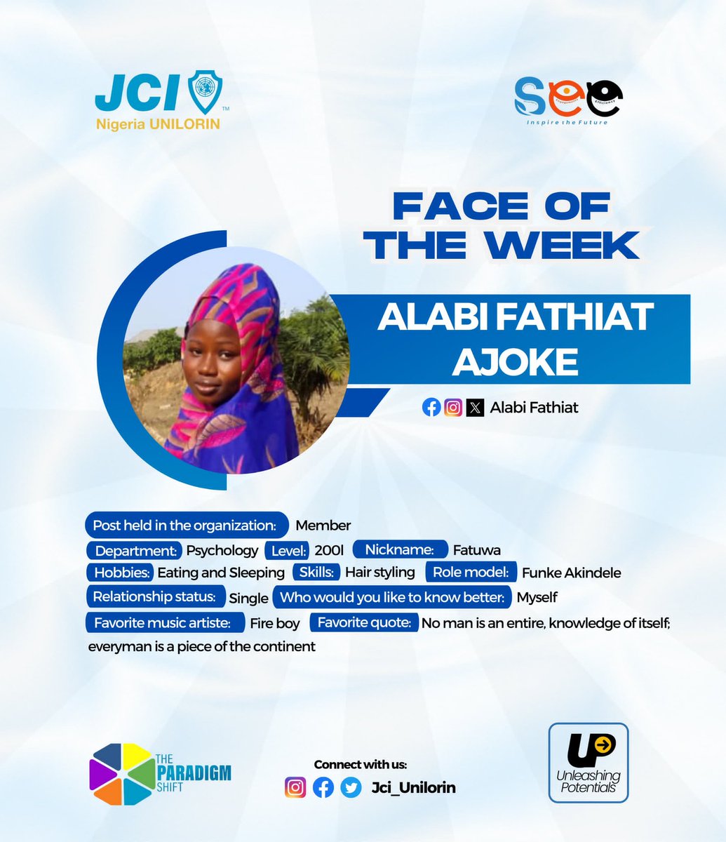 JCIN_UNILORIN's tweet photo. FACE OF THE WEEK🤩
ALABI Fathiat Ajoke
"Everyman is only a piece in the continent of knowledge" -- Fathiat, a 200-level student of psychology and an ideal citizen.
#UnleashingPotentials
#JCINUNILORIN
#REVAMP
#BetheStory
#SEnD
#JCINigeria
#JCI https://t.co/oHat1Tc5EI