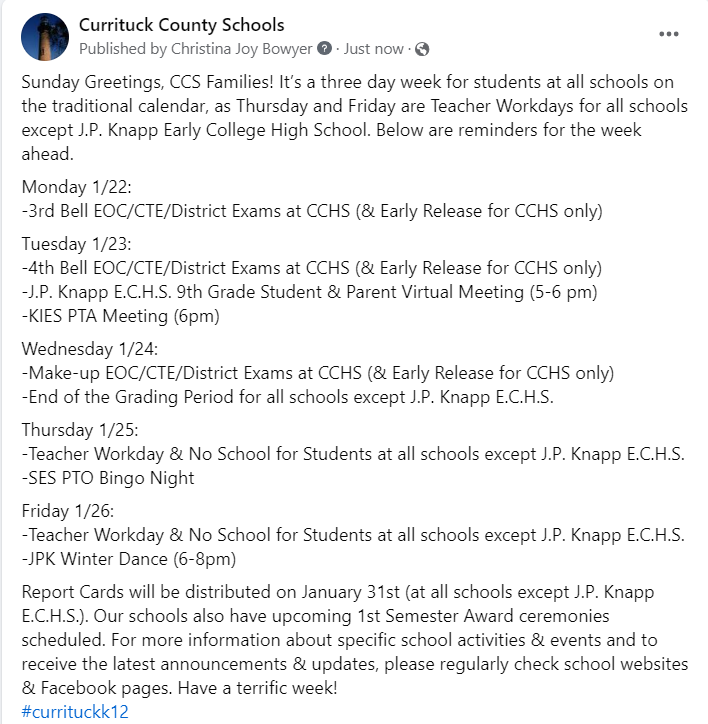 Currituck County Schools on X: "Sunday Greetings, CCS Families! It's a 3  day week for students at all schools on the traditional calendar, as  Thursday & Friday are Teacher Workdays for all