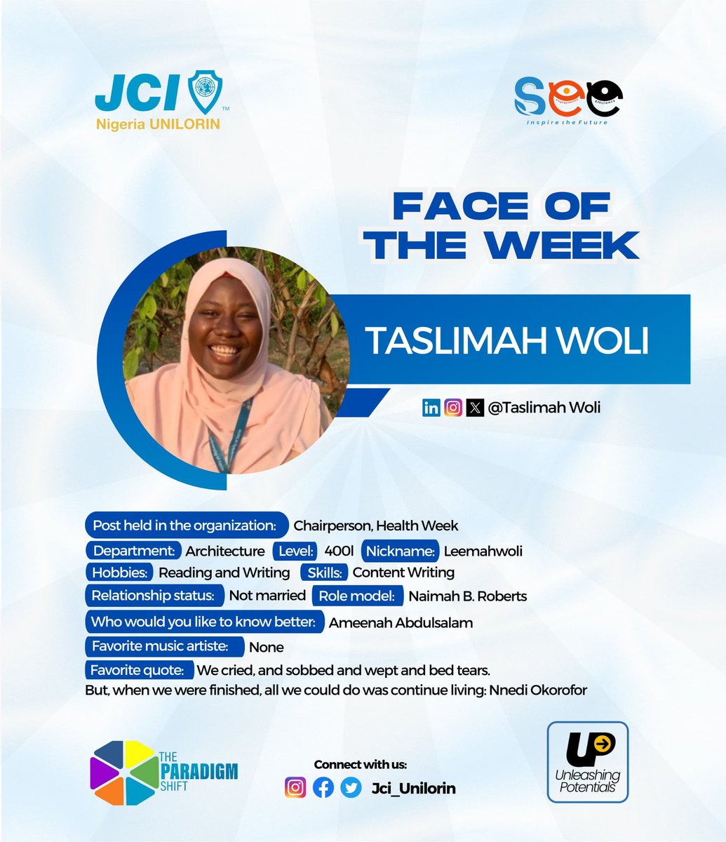 JCIN_UNILORIN's tweet photo. FACE OF THE WEEK🤩
TASLIMAH WOLI
Meet the 2022/2023 Chairperson; Health Week."
#UnleashingPotentials
#JCINUNILORIN
#REVAMP
#BetheStory
#SEnD
#JCINigeria
#JCI https://t.co/9KQ478kHxw