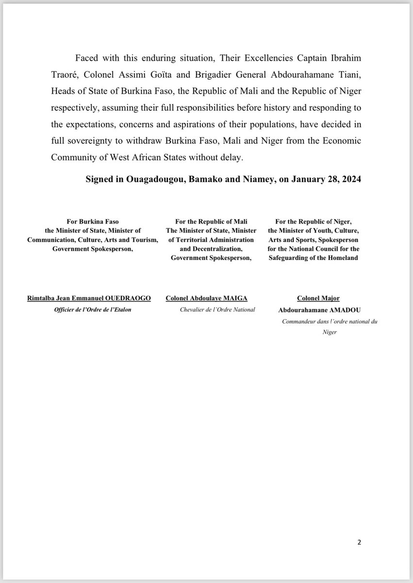 Joint Statement dated January 28, 2024 whereby Their Excellencies, Captain Ibrahim TRAORE, Colonel Assimi GOITA and Brigadier General Abdourahamane TIANI, respectively Heads of State of Burkina Faso, the Republic of Mali and the Republic of Niger, decide on the immediate