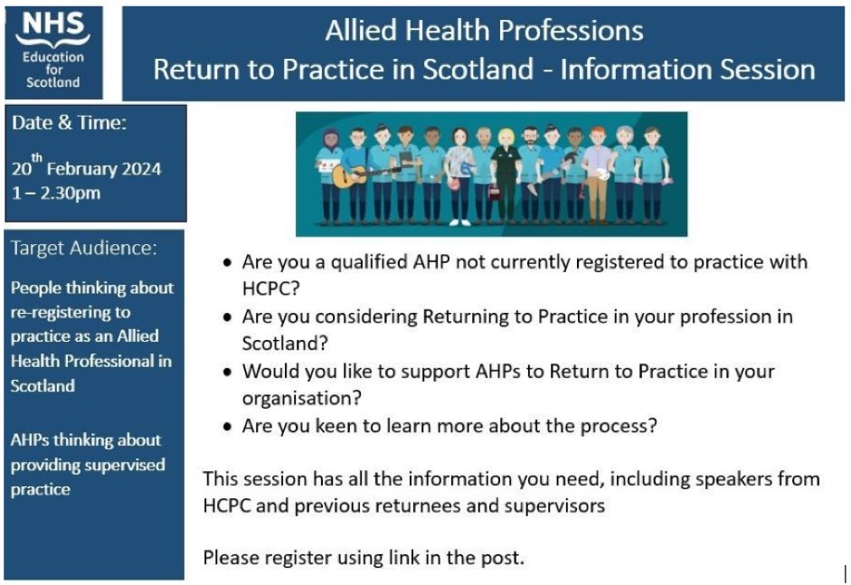 Do you know any AHP who has let their registration lapse ? Here in @NHSaaa @eahscp @NAHSCP @sahscp we would be delighted to support you to return to practice. This national session may be of interest 👇 @Alistair_ahp @gibbieahplcr @LianneMcInally1 @Kerryahpaa @jodiahpaa