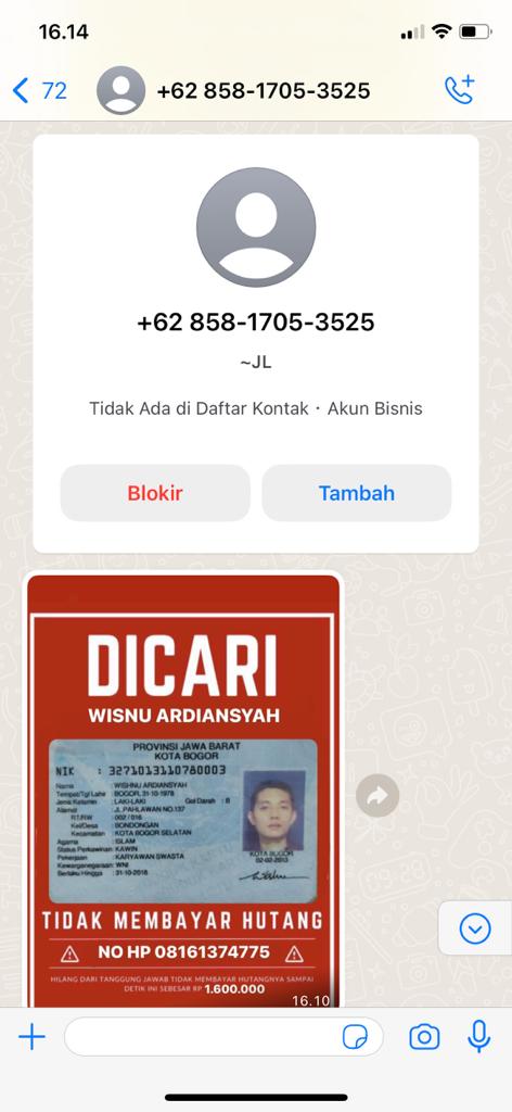 wishnu_ar's tweet photo. @aduanPPI Saya dan keluarga diteror pemerasan melalui WA. Padahal saya tidak ada pinjaman uang online. Mohon bantuannya harus bagaimana? https://t.co/cokr9fGcvC