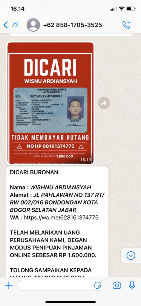 wishnu_ar's tweet photo. @aduanPPI Saya dan keluarga diteror pemerasan melalui WA. Padahal saya tidak ada pinjaman uang online. Mohon bantuannya harus bagaimana? https://t.co/cokr9fGcvC