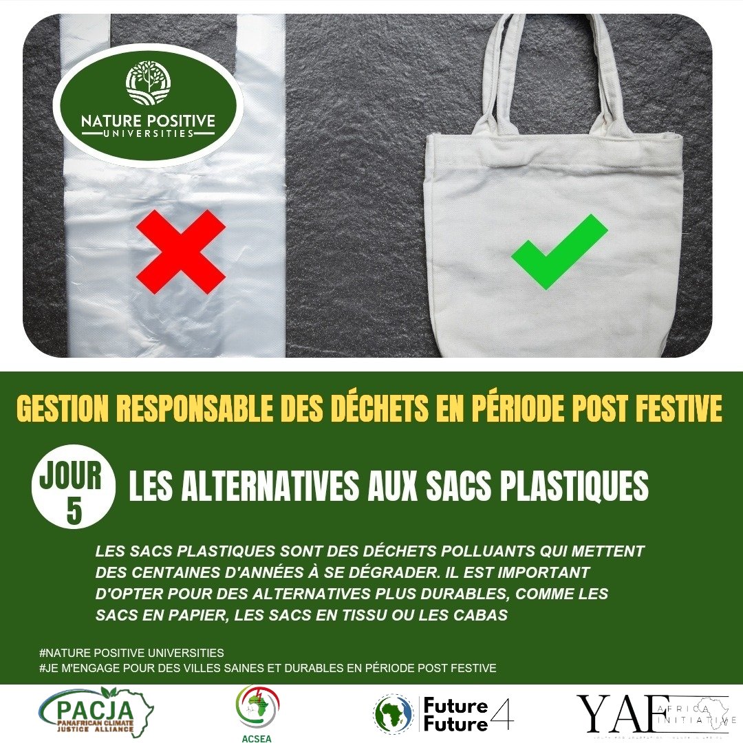 Jour 5: Alternatives aux sacs plastiques.
Les sacs plastiques sont des déchets polluants qui mettent des centaines d'années à se dégrader. Le plastique, en particulier sous forme à usage unique, contribue à la pollution de l'environnement, menace la biodiversité. 
#NPU