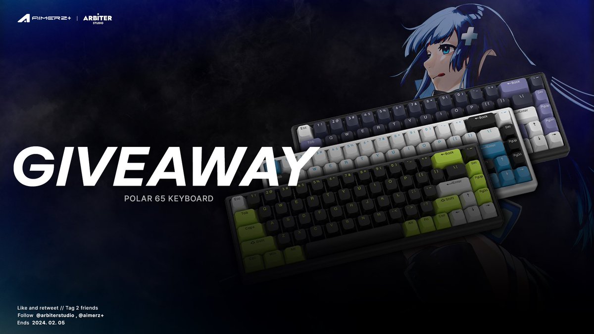 aimerzHQ's tweet image. Hello everyone, we are excited to announce our first giveaway with @arbiterstudio!!
We will be giving away 2 new Polar65 Keyboards!

To enter please:
1️⃣ Like and retweet
2️⃣ Tag 2 friends
3️⃣ Follow @aimerzHQ and @arbiterstudio 

The giveaway will end, and winners will be chosen on…