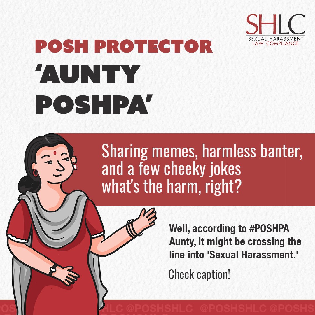 Think sharing memes, banter, &amp; jokes at work is all in good fun?

#POSHPA Aunty says it's time to reconsider! Crossing the line into '#SexualHarassment' is never a joke. Let's foster a workplace where respect comes first.

Book a consultation: +91-9625392040

#WorkplaceRespect