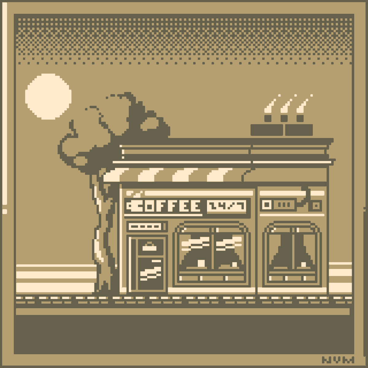 little cafe pixel art 🖤🩶🩶
might animate it if i get some free time!