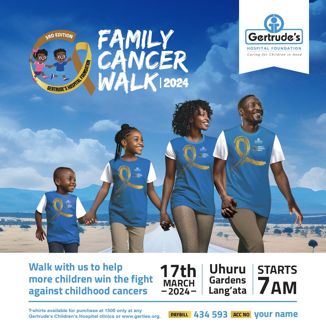 Join us for our Annual #FamilyCancerWalk2024 that is dedicated to bring smiles to the children battling cancer.
While cancer is a huge opponent, your support will help us bring light and hope to the young heroes. gerties.org
#GertrudesKe #UlizaDaktari