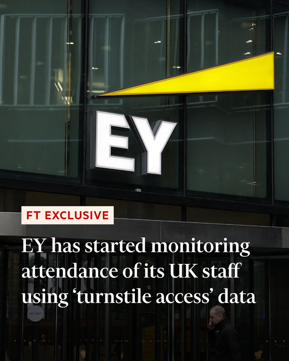 FT's tweet photo. At least half of some teams were failing to meet EY's policy of being in the office at least two days a week, a person at the firm told the FT https://t.co/pqPGlxvIvd https://t.co/wdfsjpiy9i
