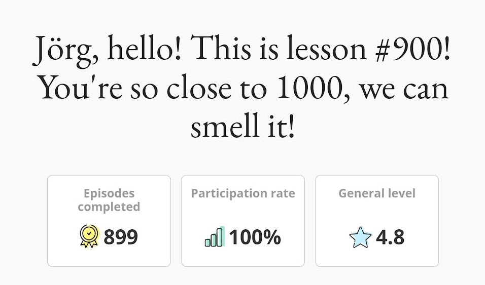 I am proud to have cracked the 900-lesson mark. The next goal is 1000 lessons. When will you start brushing up on your English? 
If you click on the following link, you'll get a month's free trial. Without obligation or automatic renewal.
gymglish.com/partner/lmxror…