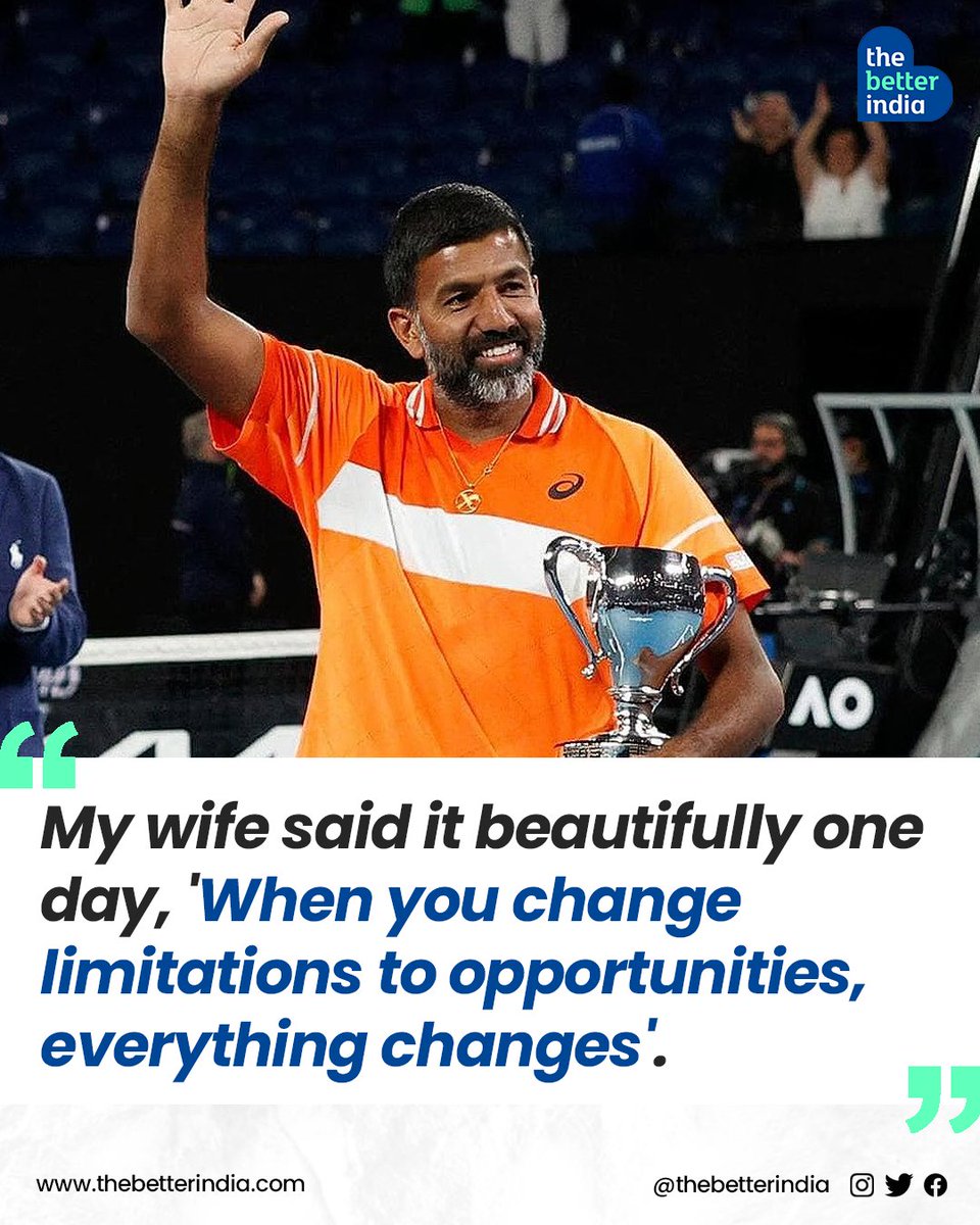 thebetterindia's tweet photo. Rohan Bopanna is not your average tennis player.  

@rohanbopanna 

#RohanBopanna #AustralianOpen #GrandSlam #Champion #Tennis #India #IndianTennisHistory

[AustralianOpen2024, Rohan Bopanna, Doubles Tennis, Grand Slam] https://t.co/D77mJqa5LA