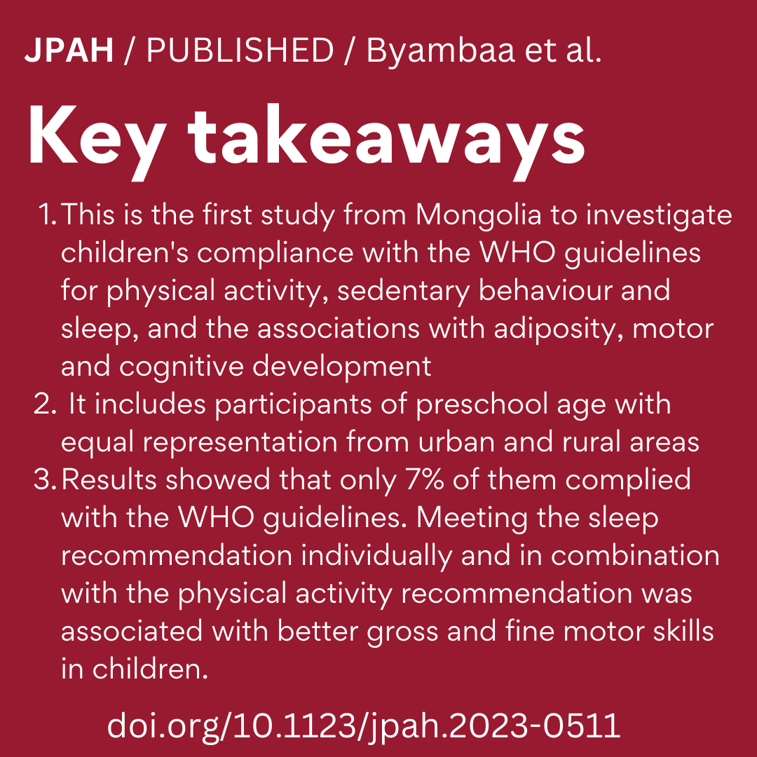 There is little evidence of 24hr movement behaviors of children from #LMICs. This study contributes to closing that gap by assessing Mongolian children's compliance with WHO guidelines for #physicalactivity, sedentary behavior &amp; sleep doi.org/10.1123/jpah.2… Currently 🆓 to read