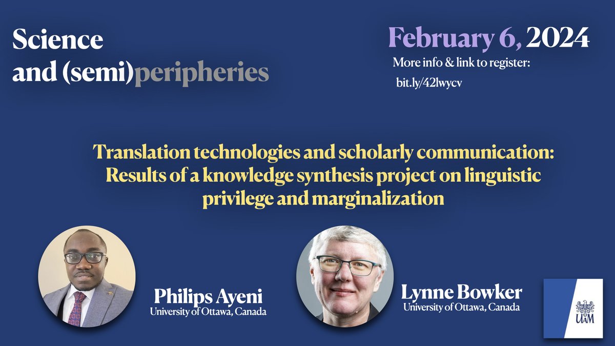 We're restarting the Science and (semi)peripheries seminar with a fantastic event. 

Our colleague Lynne Bowker, with her collaborator Philips Ayeni will present the results of their project. 

<a href="/OlaSwatek/">Ola Swatek</a> will be discussant!

Come and join us: bit.ly/42lwycv