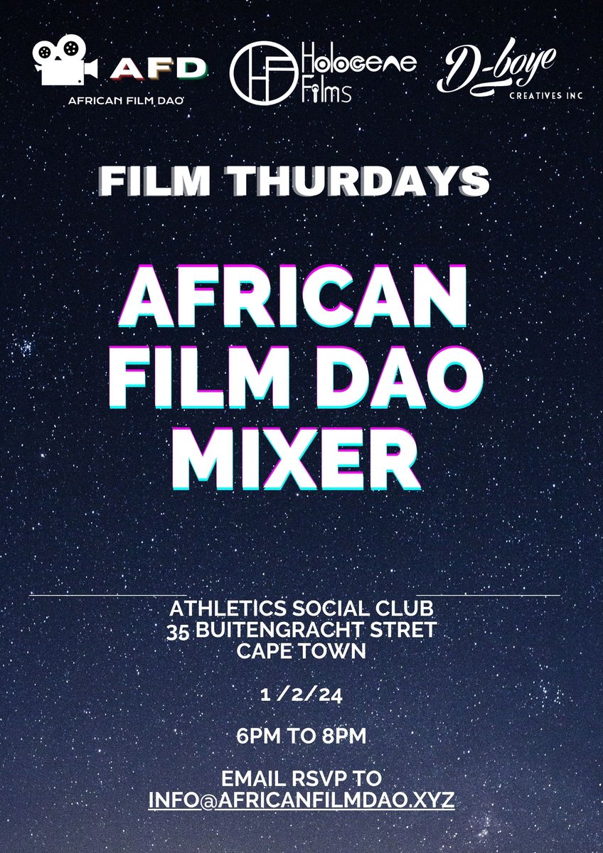 Come and connect with the intergalactic film voyagers of the African Film DAO. <a href="/DaoAfrican22236/">African Film DAO</a> <a href="/FilmCapeTown/">Film Cape Town</a> 
#firstthursdays