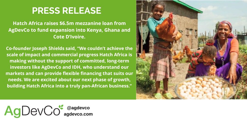 AgDevCo is pleased to announce a $6.5m mezzanine investment into Hatch Africa, the poultry company, for expansion in Kenya, Ghana and Cote D'Ivoire. The loan will allow Hatch to reach millions more smallholder farmer households. Press release: agdevco.com/site/assets/fi…