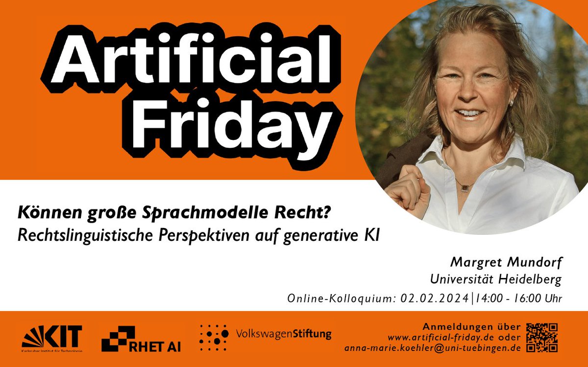 ai_rhet's tweet photo. Am 02.02. ist bereits der finale #ArtificialFriday in diesem Semester!
Diesmal geht es um #Rechtslinguistik im Zusammenhang mit #KI mit @mundorf_margret sowie um KI-#Narrative in Fachtexten & im journalistischem Diskurs mit Marcel Kückelhaus @MarcelPoussin https://t.co/fEvnR6g4Uv