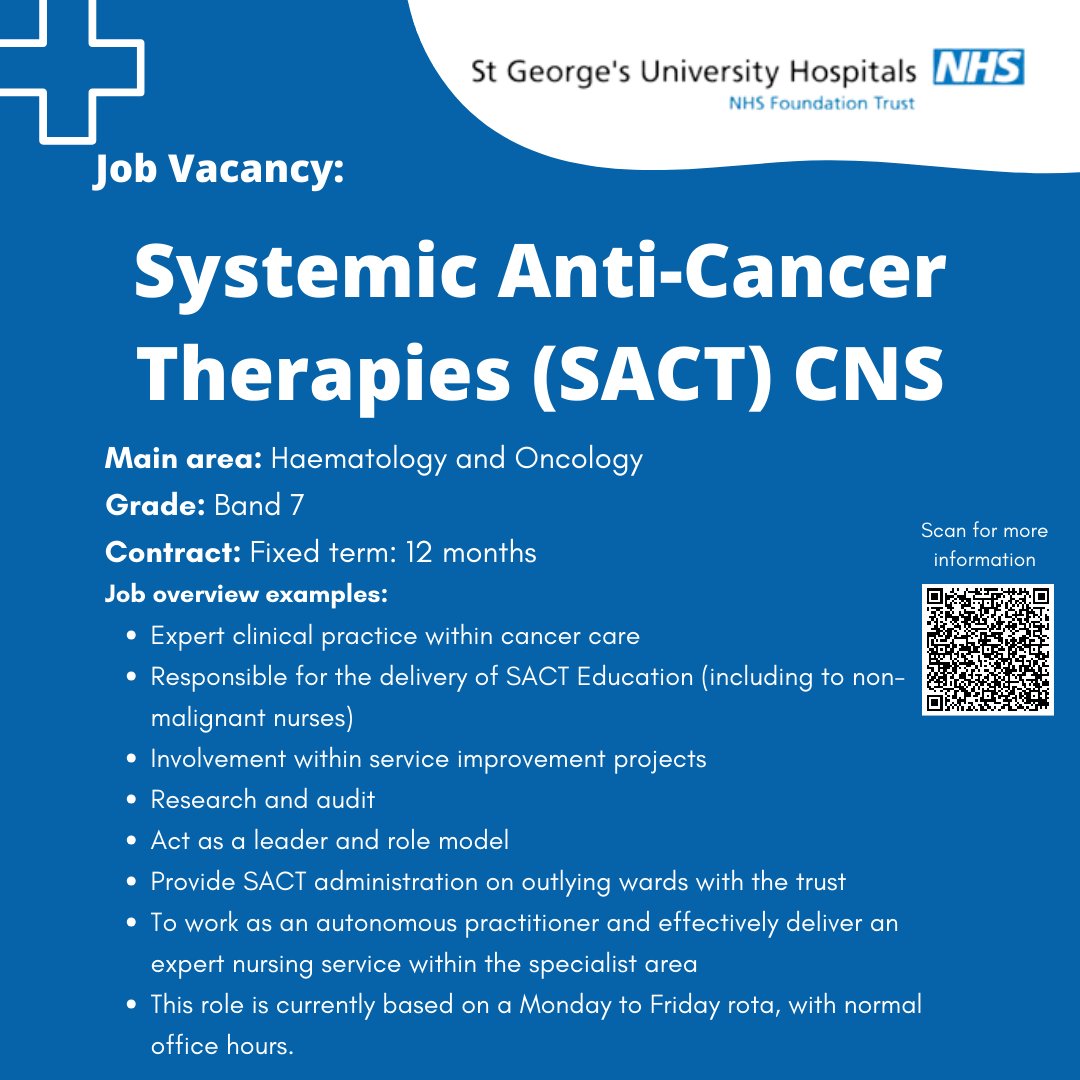 This opportunity is ideal for an experienced haematology/oncology nurse with a enthusiasm and specialist interest in Systemic Anti-Cancer Therapy (SACT), particularly with regards to training and service improvement.
