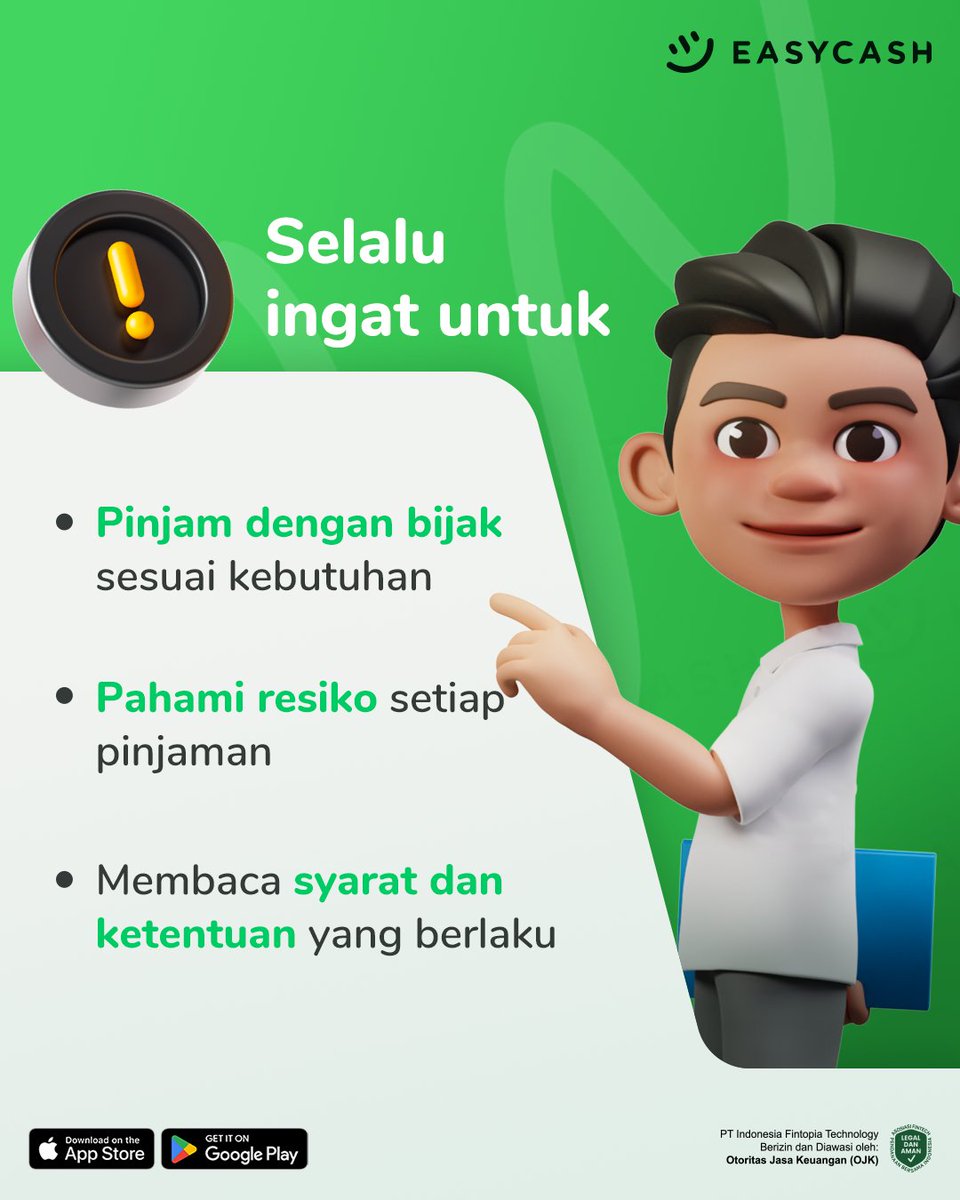 easycashid's tweet photo. A reminder to our Easyfrens🥰
Pinjam dengan bijak, dan pahami resiko sebelum
meminjam yaa💚
#Easycash #PendanaanSehat
#LebihAmanDenganEasycash
#6TahunBersamaEasycash #SolusiEasyKamu
#Easystuff https://t.co/nvS6aIT6um