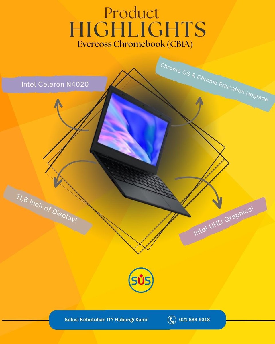 SUS_Usaha's tweet photo. Introducing our products 
*drumroll*

Evercross Chromebook!

Equip with Intel Celeron, 4 Giga of Ram, and Chrome OS, it will be your best partner during business!

Buy it now https://t.co/UZO5Au7jhg