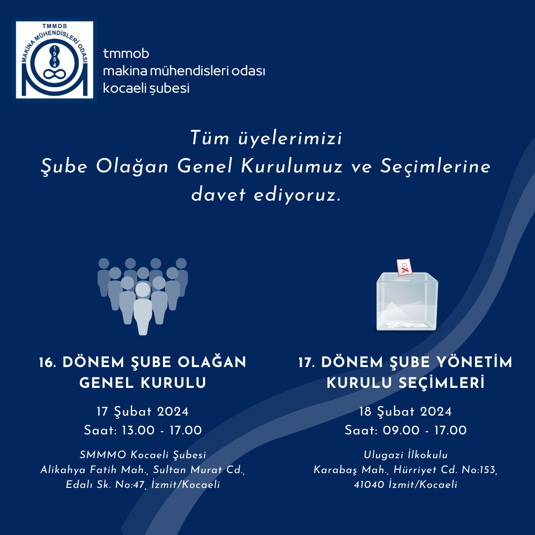 Şubemizin Genel Kurulu 17 Şubat 2024 Cumartesi günü, Yönetim Kurulu Seçimleri 18 Şubat 2024 Pazar günü Ulugazi İlkokulu'nda gerçekleştirilecektir. Genel Kurula ve Seçime katılımınızı dileriz.