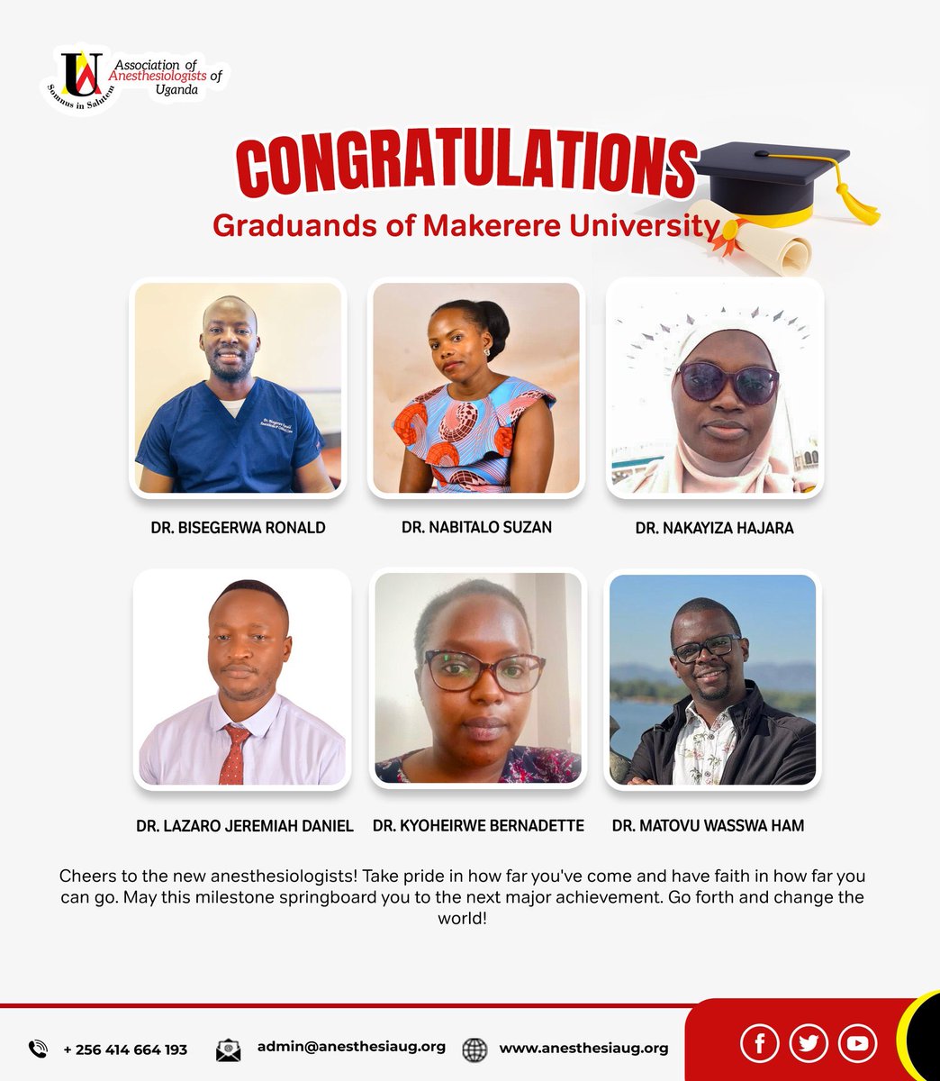 Congratulations to the six new anesthesiologists on this remarkable achievement! Wishing you success and fulfillment in your careers! @baka_bk @RonaldBisegerwa @jerryShoo1 🎓🙌🏾