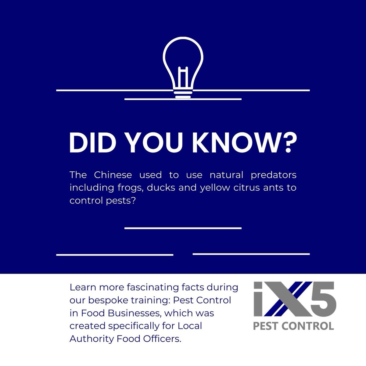 iX5uk's tweet image. Did you know, the Chinese used to use natural predators including frogs, ducks and yellow citrus ants to control pests? You do now! Learn more fascinating facts on our bespoke training: ix5.uk/additional-ser… #FoodBusinesses #PestControl #LocalAuthority #FoodOfficers