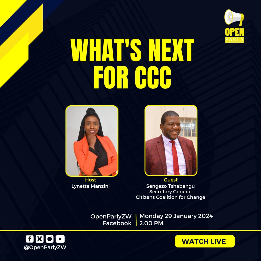 OpenParlyZw's tweet image. What's next for CCC?

In today's episode of Open Parly Live, @lnmanzini speaks with @CCCZimbabwe Interim Secretary General Sengezo Tshabangu.

Join us today at 2 pm.

Feel free to share any questions you would like our guest to respond to in the comment section.
#ElectionsZW