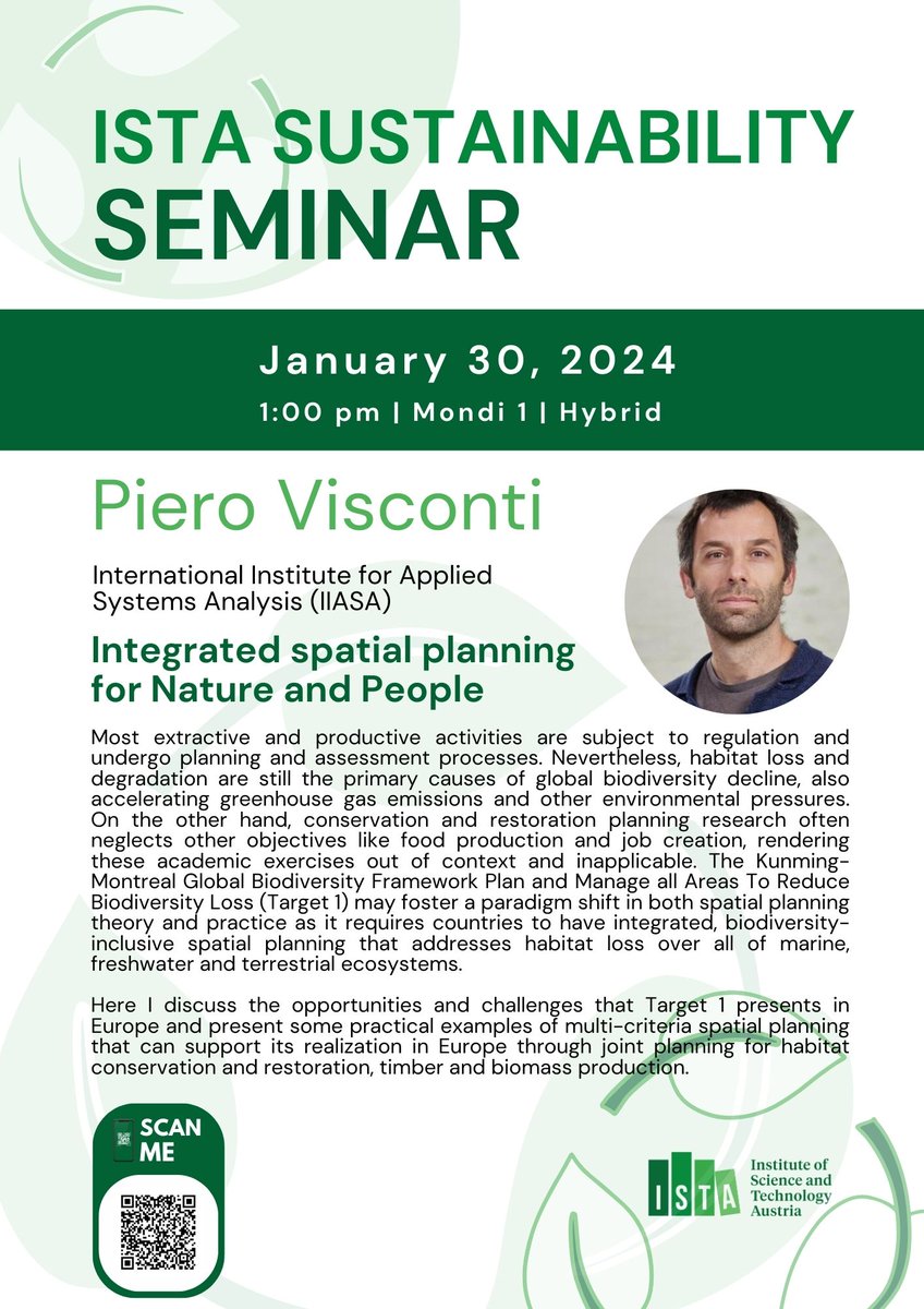 Jeroen Dobbelaere (@jeroendobbelae5) on Twitter photo Reminder 📆. Tomorrow's <a href="/ISTAustria/">ISTAustria</a> Sustainability Seminar will be at 13.00 (CET). Piero Visconti
<a href="/pvisconbio/">Piero Visconti</a> from <a href="/IIASAVienna/">IIASA</a> will talk how species respond to human land use and climate change. Link in QR code.
#SustainableScience #Climatechange #Science Reminder 📆. Tomorrow's <a href="/ISTAustria/">ISTAustria</a> Sustainability Seminar will be at 13.00 (CET). Piero Visconti
<a href="/pvisconbio/">Piero Visconti</a> from <a href="/IIASAVienna/">IIASA</a> will talk how species respond to human land use and climate change. Link in QR code.
#SustainableScience #Climatechange #Science