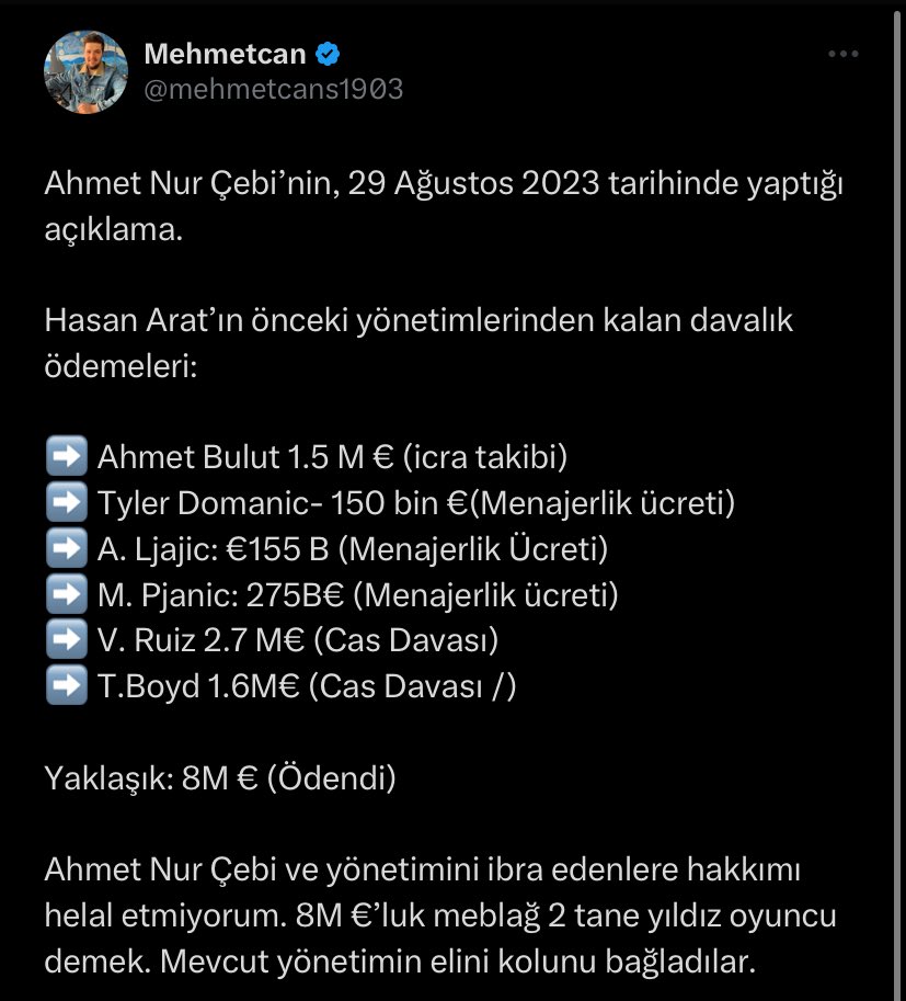bjkyazarcom's tweet photo. 12 Ocak’ta attığım twit. Bugün de Vida’nın menajerlik şirketi alacakları olan 1.9M € için kulübe ihtarname çekmiş. Bakın bunlar normal değil. Hasan Arat ve yönetiminin “İçeriye” 10M € gibi bir meblağın ödenmesi gerektiğini “Önceden” biliyor olduklarına ihtimal vermiyorum.

Çünkü Çebi, 29 Ağustos’ta düzenlediği basın toplantısında; “Gelecek olan yeni yönetime, oyunculara ve menajerlere borcu olmayan bir camia teslim edeceğiz” demişti. 10M €’dan bahsediyoruz. Çebi’nin, Sergen hoca ile şampiyonluk yaşadığımız sene sonrası yaptığı transferlerin bütçesi gibi bir meblağ bu. 

İyi niyetli ve kötü niyetlileri şuradan ayırt edebilirsiniz. Bu borçlar yüzünden “Çebi’ye tek kelam etmeyen” sayfalara ve şahıslara çok iyi bakın. Bir de mevcut yönetime her gün nasıl saydırdıklarına. Onların asıl niyetinin ne olduğunu daha iyi anlayacaksınız.