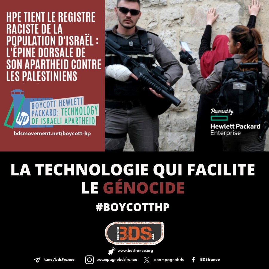 Campagnebds's tweet photo. Stop aux serveurs @HPE qui permettent le stockage des données des prisonniers palestiniens dans les prisons israéliennes. Boycott et désinvestissement des entreprises HP !  
Pour en savoir plus : https://t.co/Sg7GqvcGK7 
#BoycottHP 
#BDS https://t.co/Vv8DFE3zhT