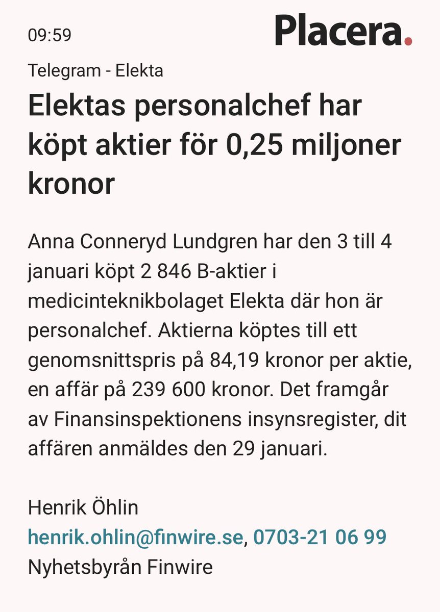 🇸🇪Elektas personalchef Anna Conneryd Lundgren har köpt 2846 aktier i bolaget 👍 $EKTA