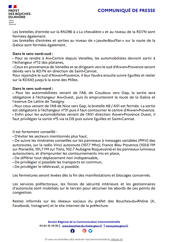 📢Perturbations sur les routes des Bouches-du-Rhône, le point sur la situation à 10h ce lundi 29 janvier⤵️ 

Blocages annoncés dès samedi effectifs sur le réseau routier. Une part importante du réseau sur les secteurs d’Aix-en-Provence et de Marseille est donc congestionné ou en