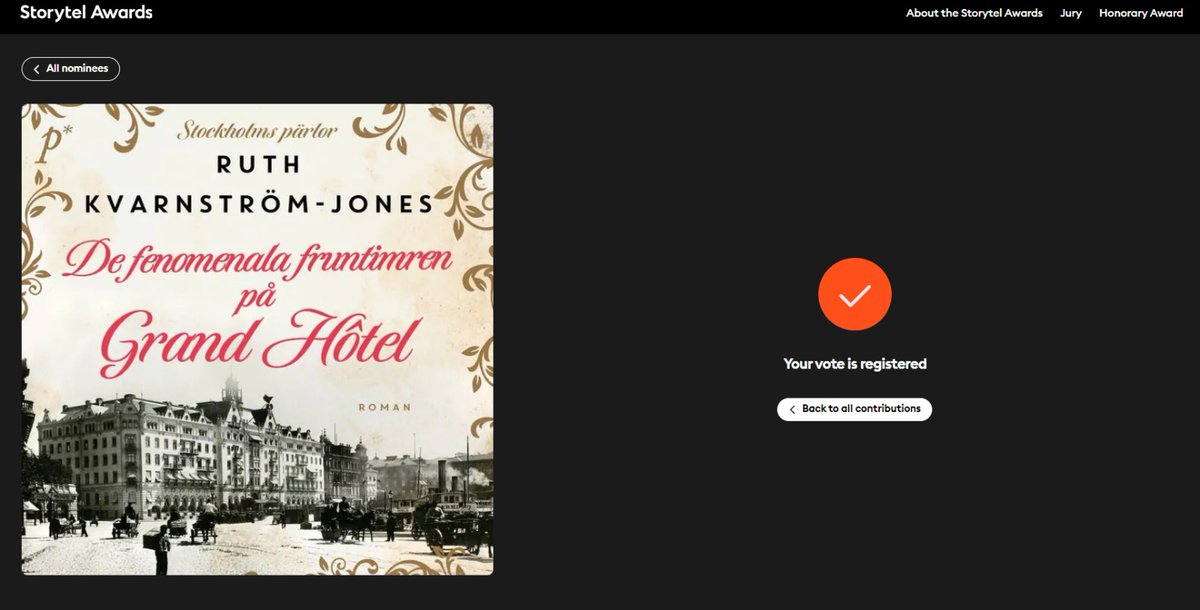 To my Swedish followers, my friend <a href="/RuthKjWriter/">Ruth KvarnströmJones</a> wonderful book "Grand Hôtel's Phenomenal Women" is up for an award in Storytel.
If you've read it, please consider voting. 
Link: awards.storytel.com/se/?award-cate…