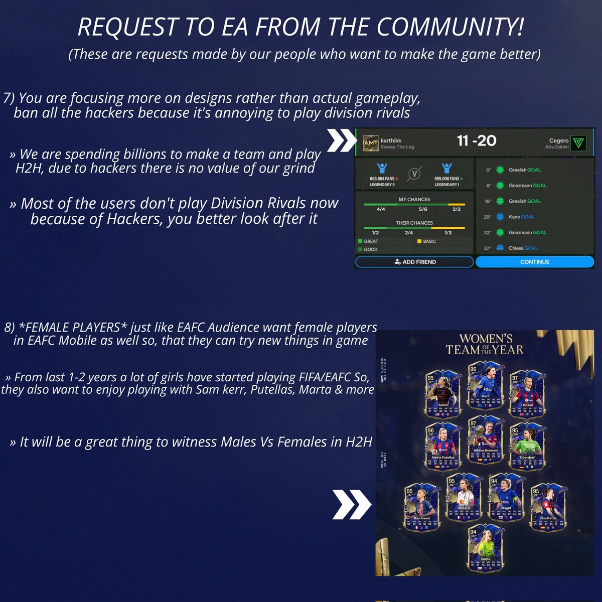 FirstHalfYT's tweet photo. REQUESTS FROM COMMUNITY TO @EASFCMOBILE 🖇️

• Read carefully all the requests made by people for the betterment of the game 🎮

• Tag EA, Like and repost 

• Make your requests as well in comments ⏬ https://t.co/Eb4GGWO0Pc