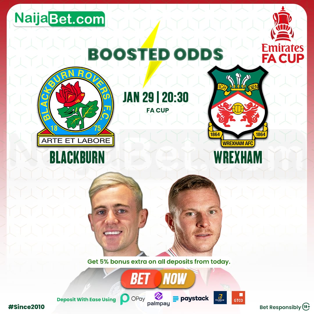 NaijaBet's tweet image. 🏴󠁧󠁢󠁥󠁮󠁧󠁿 Blackburn vs Wrexham
⏰ 20:30
#FACup

Blackburn Rovers FA Cup form:
W

Wrexham FA Cup form:
WWW

🔵⚪ @Rovers ✔️ 1.71 ODDS
🟢🔴 @Wrexham_AFC ✔️ 4.25 ODDS

📶 GG ➡️1.49 ODDS

Bet Link 🔗  NaijaBet.com

Hojlund | Ten Hag | Egypt | Sancho | Cute Gemini | #DavidoO2Arena