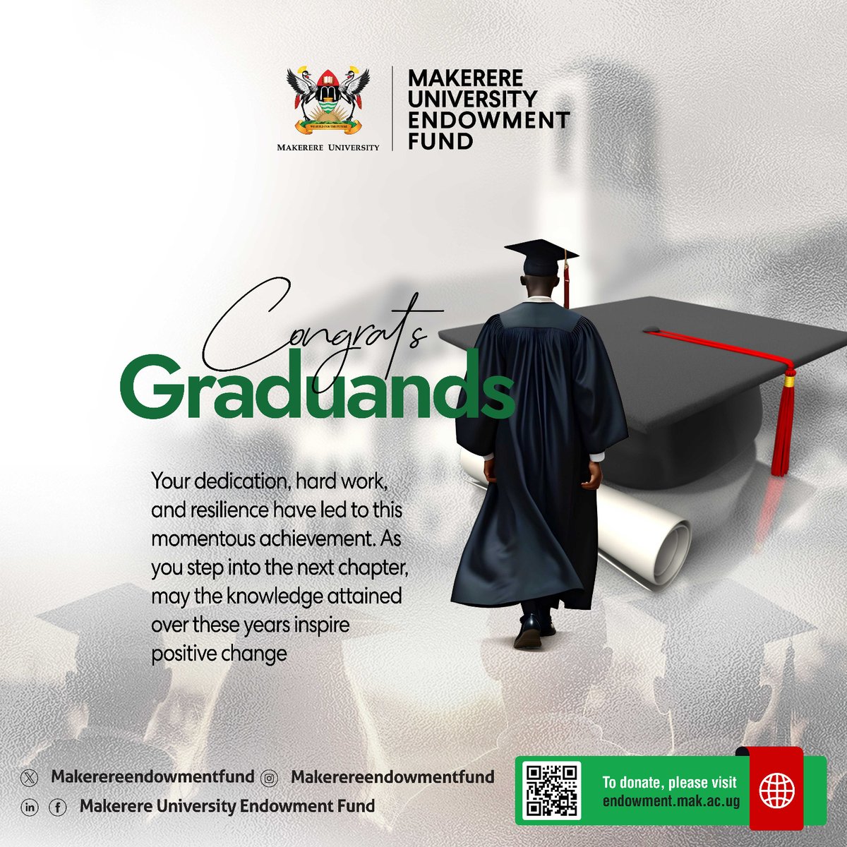 The Makerere University Endowment Fund congratulates all the #Mak74thGrad graduands on this momentous achievement. 

Our hope is that the knowledge attained over the years will inspire positive change. 

Congratulations🎉🎓
