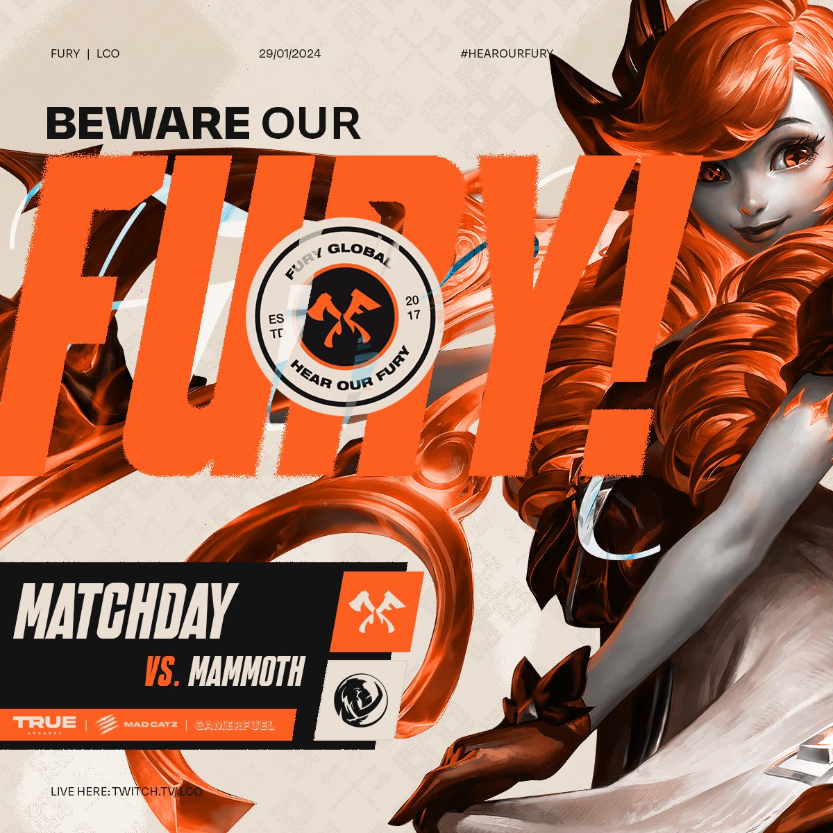 FURY (@fury_global) on Twitter photo 🔥IT'S TIME FOR LCO🔥
See you soon <a href="/MAMMOTH_OCE/">DNS MAMMOTH ESPORTS CLUB</a> 👨🍳🍳
🕕8PM AEDT
📺twitch.tv/lco
#HearOurFURY🔥| #FURYLOL | #LCO 🔥IT'S TIME FOR LCO🔥
See you soon <a href="/MAMMOTH_OCE/">DNS MAMMOTH ESPORTS CLUB</a> 👨🍳🍳
🕕8PM AEDT
📺twitch.tv/lco
#HearOurFURY🔥| #FURYLOL | #LCO