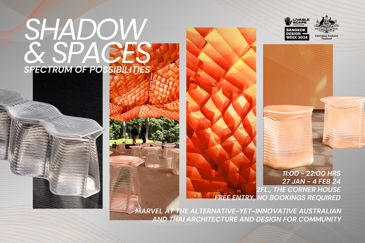 AusAmbBKK's tweet image. ‘Shadow and Spaces: Spectrum of Possibilities’ is our Embassy’s first-ever exhibition at #BKKDW2024.⛺️
Explore the showcase before 4 Feb to find out how 🇦🇺 and 🇹🇭 designers have used locally abundant and waste materials in alternative-yet-innovative forms. #DesignForCommunity