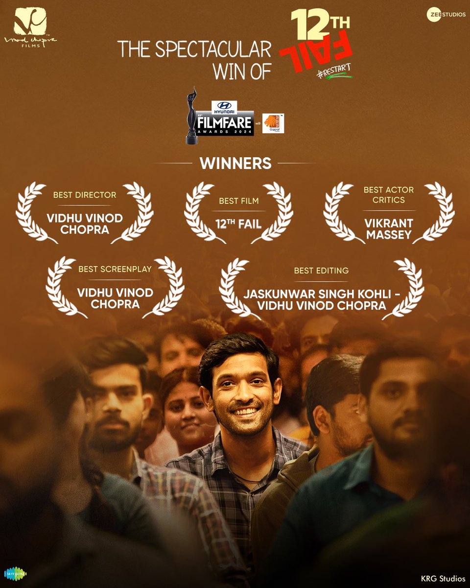 The topping streak of 12th Fail continues at the @filmfare! The movie has bagged 5 awards. Thank you @filmfare for the honour! @VVCFilms @VikrantMassey @MedhaShankr @anantvijayjoshi @Anshumaanpushk1 #VikasDivyakirti #GeetaAgrawalSharma @theHarishKhanna @priyanshuchats…