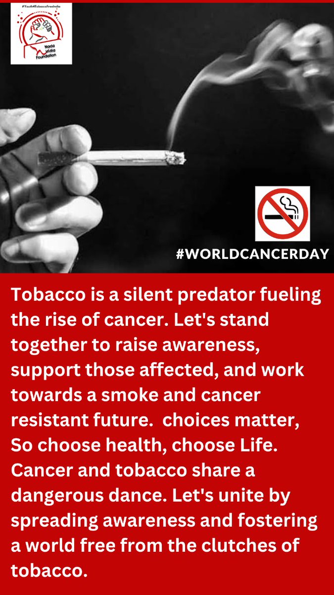 NadaNetwork's tweet photo. The battle against cancer begins with saying NO to tobacco. Join the movement for a world where lungs breathe freely and cancer is defeated!
#TobaccoFreeFuture 
#CancerPrevention
#WorldCancerDay 
#TobaccoKills 
#TobaccoFreeCancerFree
#BeatCancer
#CancerFreeGeneration https://t.co/nbkogZPuU7