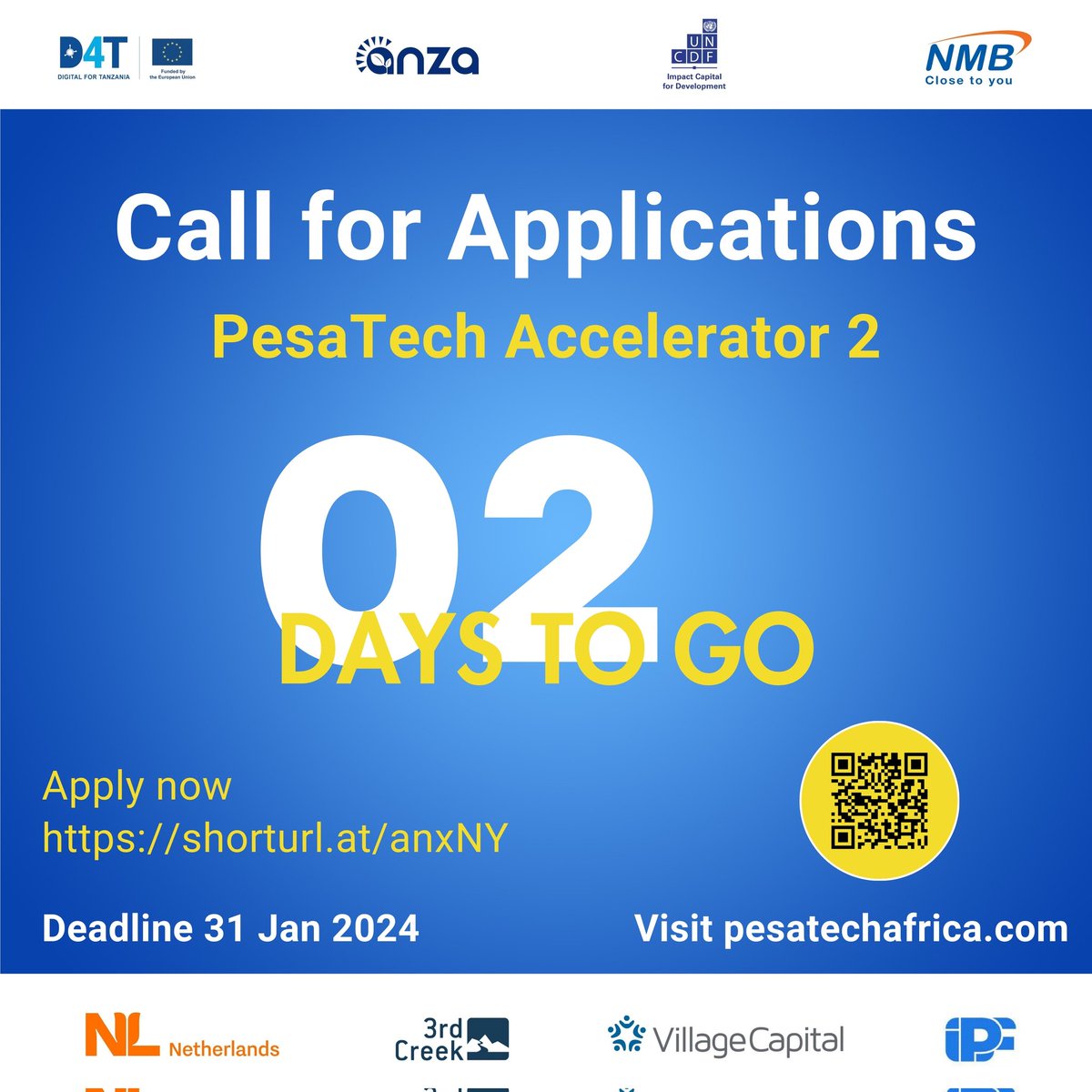 2 days to Go. The application window for PesaTech Accelerator 2 closes on 31 Jan 2024. Apply through anzaentrepreneurs.co.tz/pesatechafrica or visit pesatechafrica.com Application deadline: 31 January 2024 @EUinTZ @AnzaInt @UNCDFdigital @NMBTanzania @3rdCreekGrants