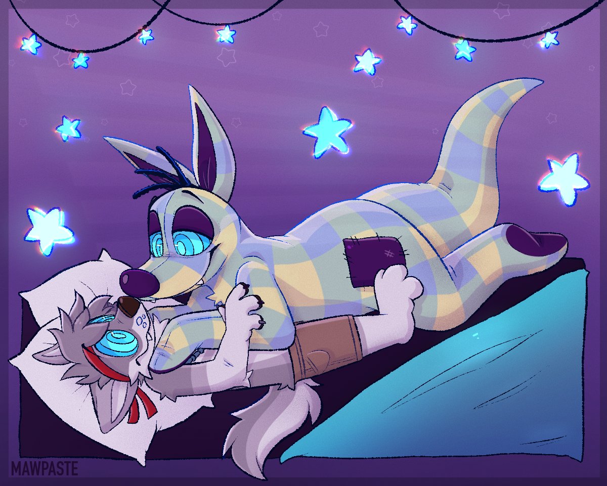 See...woozles can be nice! See how much @WolfPupTK  likes having a big heavy plush woozle climb on top with big swirly eyes to help him feel all soft and relaxed, and help him know who's in charge here!

Commish by TK, Art by <a href="/MawPaste/">Bugjuice</a> - thanks a bunch both of yas!