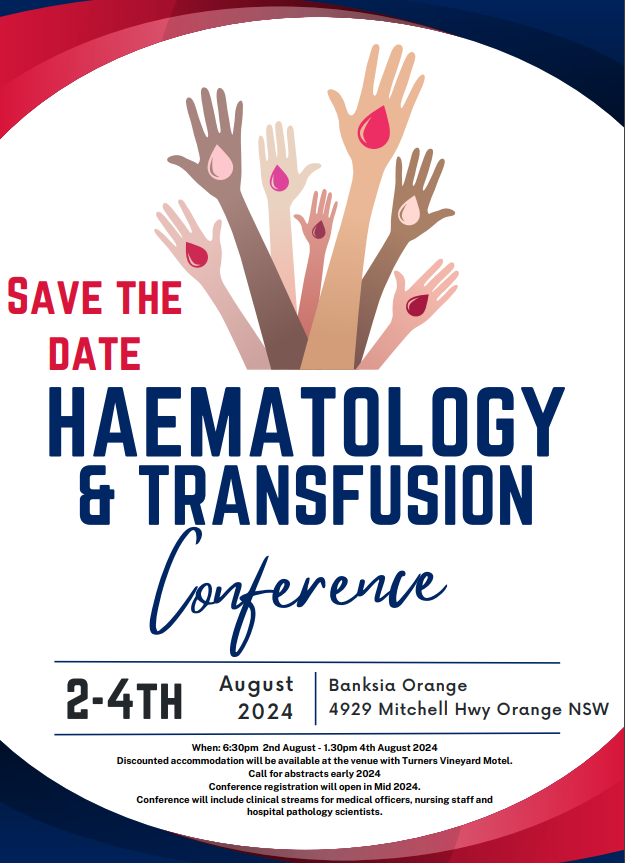 ANZSBT (@anzsbt) on Twitter photo Add to your calenders NOW:
<a href="/NSWHealth/">NSW Health</a> is hosting the Haematology and #Transfusion Conference in August 2024, at Banksia Orange.
<a href="/TransfusEd/">Transfusion Education</a> <a href="/ISBTCO/">ISBT Central Office</a> @aabb Add to your calenders NOW:
<a href="/NSWHealth/">NSW Health</a> is hosting the Haematology and #Transfusion Conference in August 2024, at Banksia Orange.
<a href="/TransfusEd/">Transfusion Education</a> <a href="/ISBTCO/">ISBT Central Office</a> @aabb