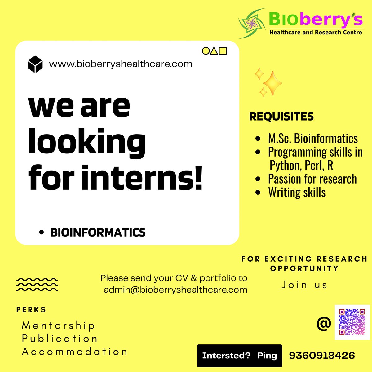 bioberrys's tweet photo. We are looking for interns in Bioinformatics… those who have passion for Research and the right skills can approach…👍🏻
#intern #bioinformatics #research #health #genomics #genomesequencing https://t.co/lZT78BttvT