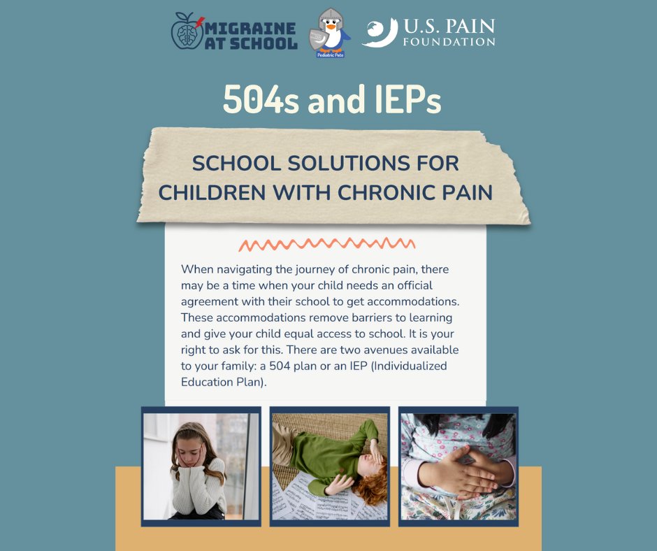 US_Pain's tweet photo. Attention parents! Do you have a child living with pain? There are resources available to you to help with school accommodations. Learn about 504 plans and IEPs in our FREE handout. Download: https://t.co/OkZMLtMKnw
#PediatricPain #PainWarrior #504Plan #IEP #SchoolAccommodations https://t.co/1zKyQfDmEV