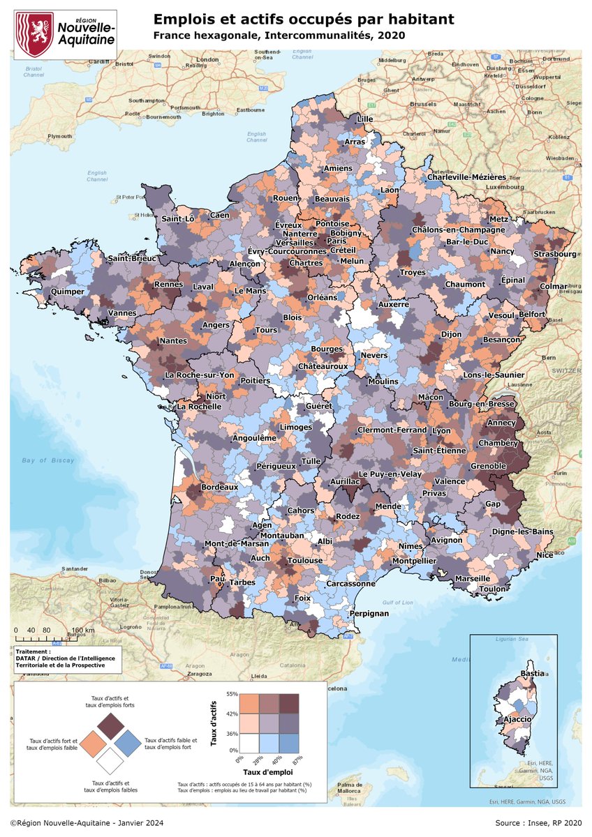 obouba's tweet photo. La carte du mois #10 est arrivée !
Elle exploite le fait qu’on peut comptabiliser les emplois à 2 endroits : là où les gens exercent leur activité, on compte alors des "emplois au lieu de travail", ou bien là où ils résident, on dénombre dans ce cas des "actifs occupés". 🧶 1/6 https://t.co/dU4UrgvbAa